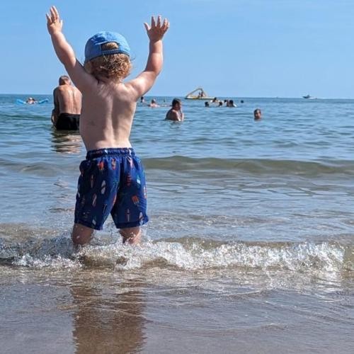 Ein kleiner Junges steht im Wasser