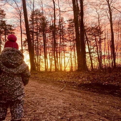 Ein Kleinkind läuft im Wald bei Sonnenuntergang